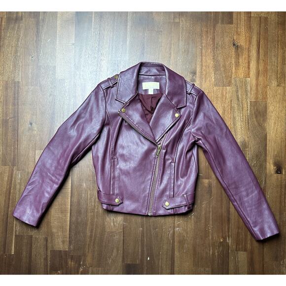 Michael Michael Kors Jacket Womens Small Burgundy Moto Faux Leather Gold Zipper - Picture 1 of 16